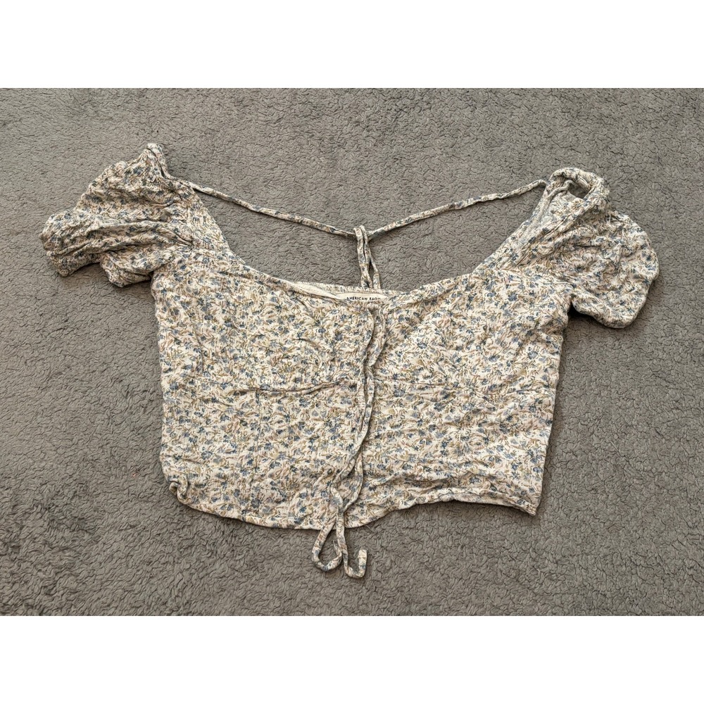 American Eagle Floral Smocked Crop Top Blue Cream Tie Front Puff Sleeve Medium